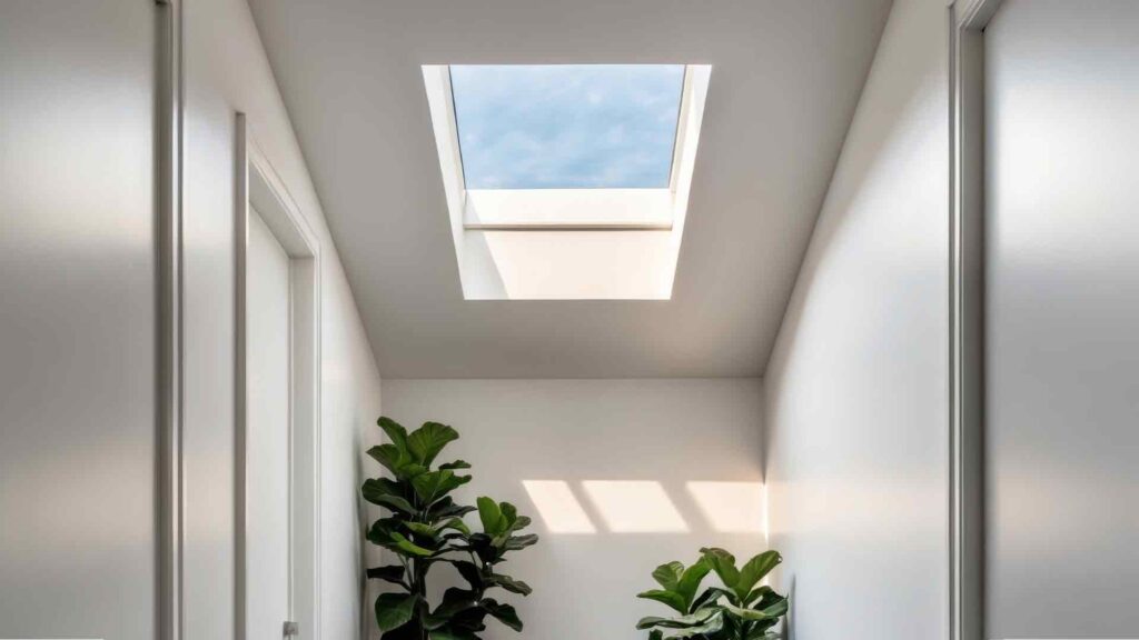An indoor plant and leather bench adorn the contemporary hallway with a skylight, skylight building, bright home