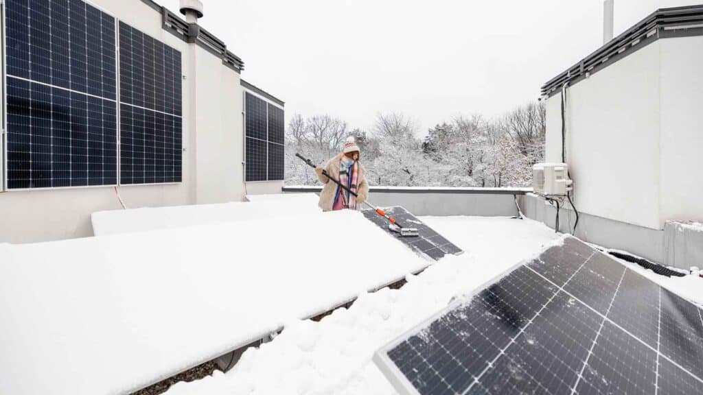 Woman removing snow from solar panels, winter roof maintenance, ice buildup cleaning and maintaining energy output