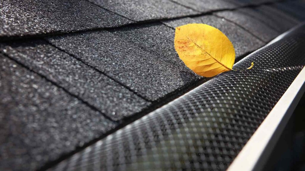 Close-up of a roof with a gutter guard and a fallen yellow leaf, highlighting gutter protection benefits.