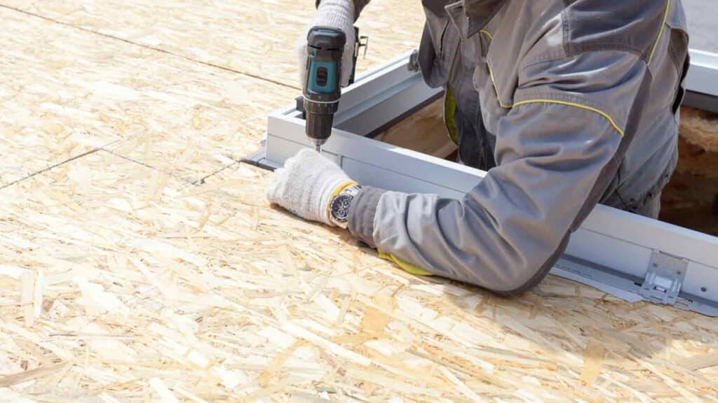 Professional worker installing a skylight on a wooden roof using a power drill, ensuring proper ventilation.